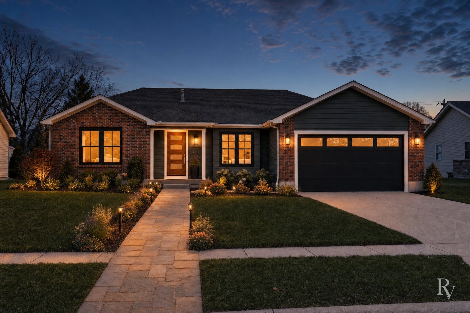 AI-generated example: a renovated home exterior at dusk